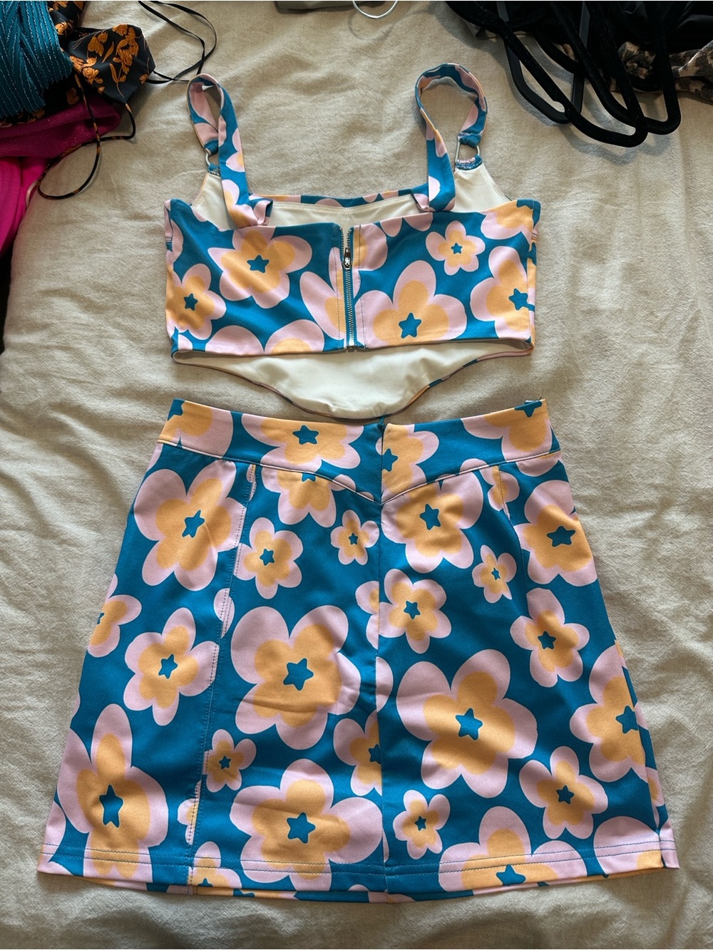 Floral Two-Piece Tank Top and Skirt Set - Blue with Pink & Yellow Flowers - Picture 3 of 5